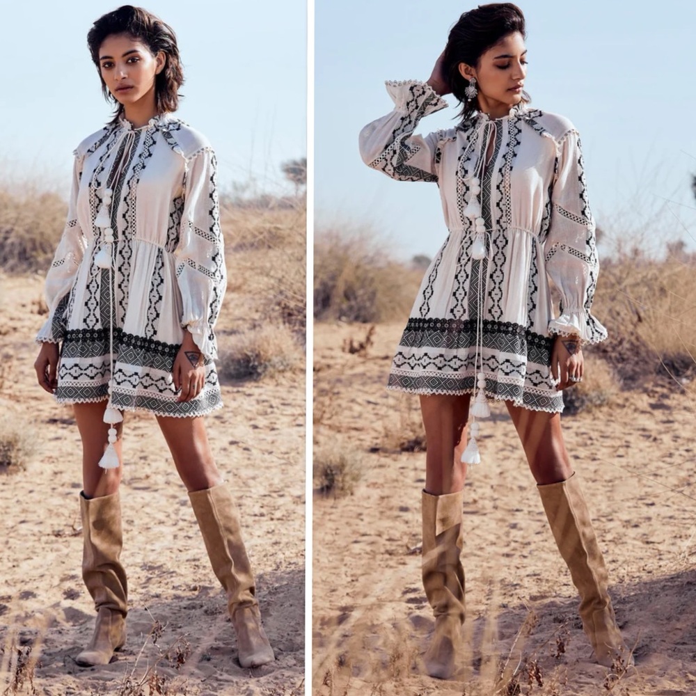 Hemant & Nandita Moira Boho Short Dress In Natural / Black Size M - Picture 5 of 14
